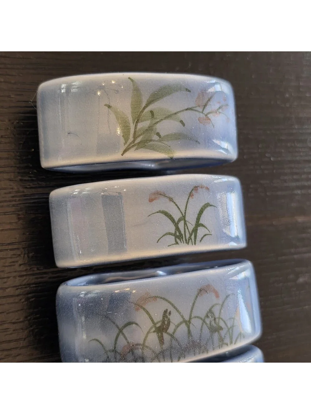 Set Of 4 Ceramic Floral Napkin Rings Light Blue Botanical Table Decor EUC